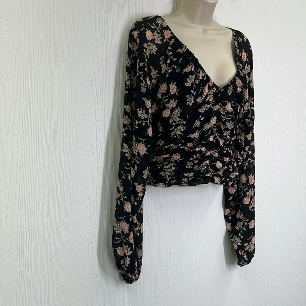 Free People - Final Rose Black Ruched Smocked Long Sleeve Blouse Size Small